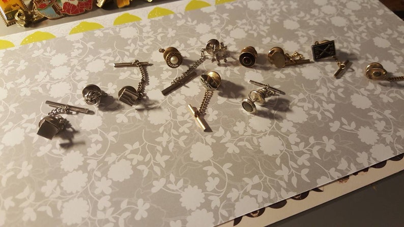 Eleven men/'s tie tacks all in a row