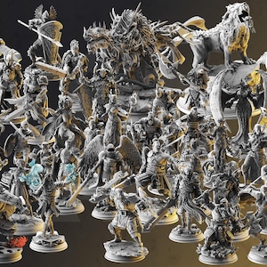 Puede incluir: Una colección de 30 figuras en miniatura, pintadas en tonos grises, que representan diversas criaturas y personajes de fantasía. Las figuras están dispuestas sobre bases circulares y presentan detalles intrincados.