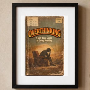 May include: Framed print of a book titled "OVERTHINKING: A 500-Page Guide to Doing Nothing." The cover art shows a silhouette of a person in a chair, head in hand. The book has a vintage, aged appearance.