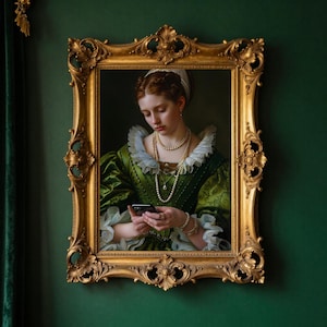 May include: A framed portrait of a woman in a green dress, pearl necklaces, and a white ruffled collar, holding a smartphone. The ornate gold frame hangs on a dark green wall. The woman has red hair and is looking down at the phone.