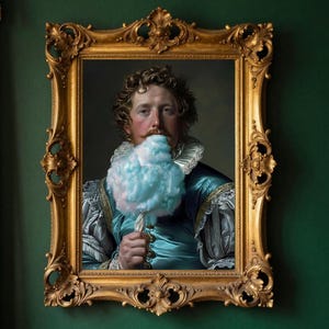 Może przedstawiać: Oprawiony portret mężczyzny w niebiesko-srebrnym stroju w stylu renesansowym, trzymającego dużą, jasnoniebieską watę cukrową. Ozdobna złota rama kontrastuje z ciemnozielonym tłem, tworząc kapryśne zestawienie klasycznej sztuki i nowoczesnej uczty.