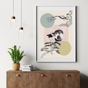 Arte mural de gato japonés - Pintura minimalista en tinta - Impresión de estética zen - Decoración escandinava japonesa - Decoración del hogar wabi sabi