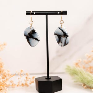 Marbled Black and White Polymer Clay Dangle Earrings – Handmade Lightweight Statement Earrings
