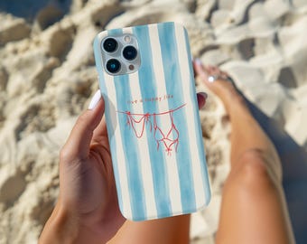 Bikini iPhone Case MagSafe Compatible Phone Accessory Beach Style Marine Decor Coastal Theme Summer Fashion Blue Stripe Nautical Design