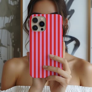 Trendy Red Pink Striped Phone Case for iPhone 15 14 13 12 Pro Max Mini XR XS 11 Plus Cute Aesthetic Protective Cover for Girls Women