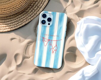 Nautical iPhone Case MagSafe Compatible –Bikini Phone Cover, Coastal Beach Accessory, Blue Striped Summer Decor, Marine Sea Life Gift