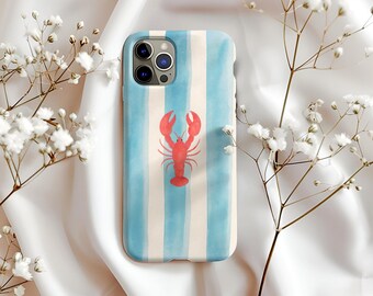Lobster iPhone Case MagSafe Compatible Phone Accessory Beach Style Marine Decor Coastal Theme Summer Fashion Blue Stripe Nautical Design