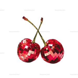 May include: Two red cherries with a disco ball effect, featuring a mosaic of red and pink squares. The cherries have green stems that cross each other. The background is white.