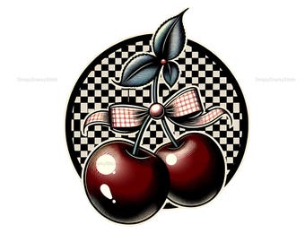 Cherry Coquette BOW PNG, Retro Cherry png, Cherry Sublimation png, Instant Download, 50s png, Girly png, Cherry Checkered png Image