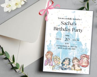 Convite para festa de aniversário com tema de princesa em aquarela, modelo editável (download digital)