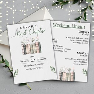 May include: A two-page invitation with a book and floral theme. The left page says "Sarah's Next Chapter" with event details. The right page lists a weekend itinerary. The design features watercolour illustrations and elegant typography.
