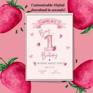 Berry First Birthday Invitation & Itinerary | Sweet Strawberry 1st Birthday Party | Baby Girl Birthday  | Strawberry Birthday Theme