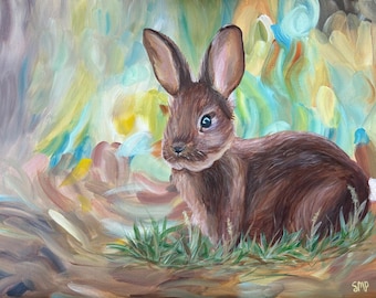 Bunny Art Print, Woodland Nursery Wall Art, Rabbit Painting, Forest Animal Decor, Cottagecore Wall Art, Baby Shower Gift