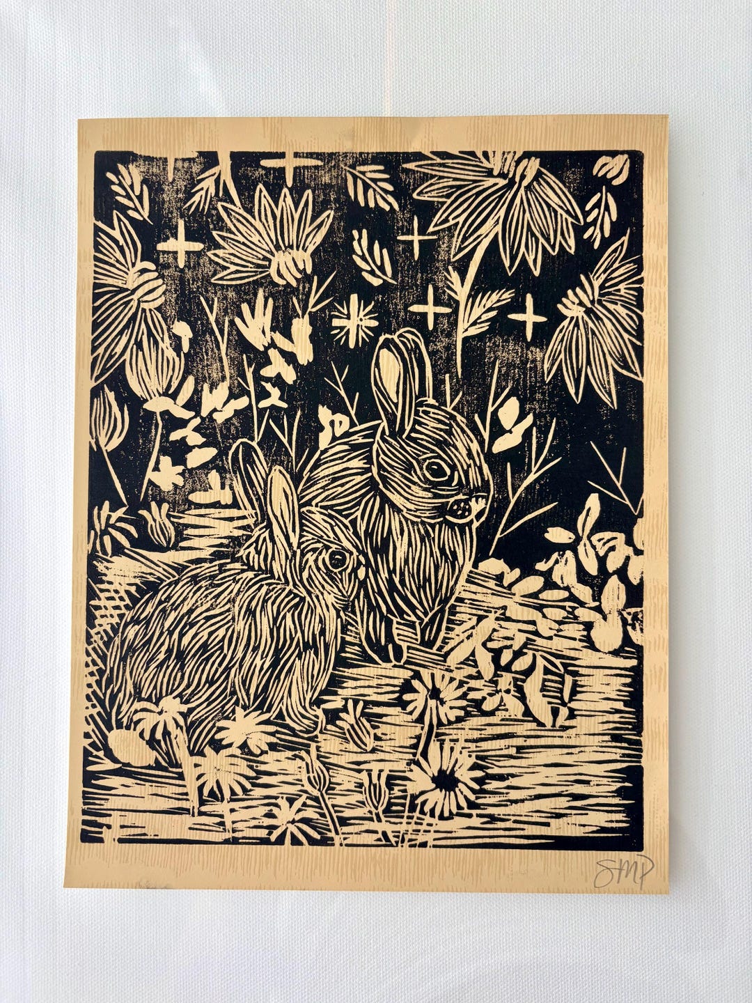 Linocut Rabbit Pattern Original 8.5x11 Linocut Print • Hand Pulled Rabbit Art • Woodland Fine ...