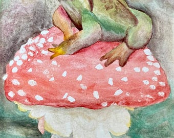 Frog on Toadstool Watercolor Print • Cottagecore Forest Art