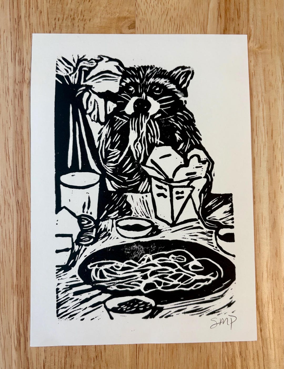 Original Raccoon Takeout Linocut Print – Woodland Animal Art (5x7) - Etsy