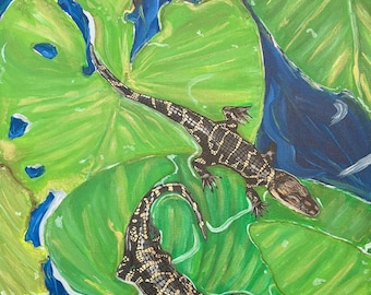 Baby Alligator Art Print, Florida Wildlife Wall Art, Gator Painting, Nature Nursery Decor, Swamp Lily Pad Artwork