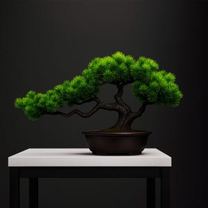 May include: A bonsai tree with vibrant green foliage and a dark, textured trunk. The tree is potted in a dark brown, shallow container and sits on a white table with black legs. The background is a solid, dark gray.