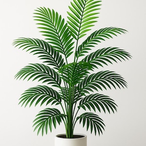 Könnte beinhalten: Eine üppige, grüne künstliche Palmenpflanze in einem weißen Keramiktopf. Die Pflanze hat mehrere Wedel mit langen, schmalen Blättern. Der Topf hat ein schlichtes, abgerundetes Design und bietet eine saubere, moderne Ästhetik. Ein dekoratives Element.