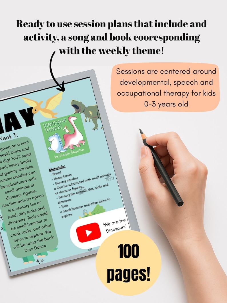 May include: A digital tablet displaying a colorful page from a dinosaur-themed activity book for toddlers. The page features a dinosaur illustration and the text "Dinosaur Dance!" The page also includes a list of materials needed for the activity, such as bread, heavy books, and gummy candies. The text "We are the Dinosaurs" is also visible on the page. The tablet is on a white surface with a hand holding a black stylus.