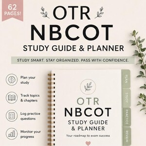 Puede incluir: Una guía de estudio y planificador OTR NBCOT de 62 páginas con encuadernación en espiral. La portada muestra el texto OTR NBCOT STUDY GUIDE & PLANNER, un icono de hoja y el subtítulo Your roadmap to exam success. Incluye pestañas Plan, Study, Practice, Review.