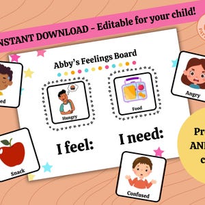 以下が含まれることがあります： 「Abby's Feelings Board」というテキストが入った、印刷可能な感情ボード。 「Worried」、「Hungry」、「Angry」、「Confused」などの感情のイラストが描かれたカードが含まれています。 「Food」と「Snack」のカードも含まれています。