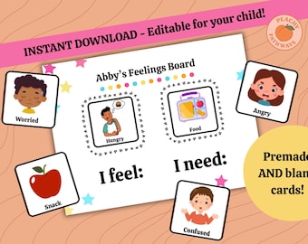 Feelings Board for Kids - INSTANT DOWNLOAD, editable cards customizable to your child!