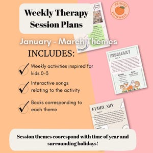 Peut inclure: Un graphique rose et blanc avec le texte "Weekly Therapy Session Plans" et "January - March Themes". Le graphique comprend une liste de contrôle avec le texte "Weekly activities inspired for kids 0-3", "Interactive songs relating to the activity", et "Books corresponding to each theme". Le graphique comprend également deux images de feuilles de travail imprimables avec le texte "February" et "Week 4" et "Week 5". Le texte "Session themes correspond with time of year and surrounding holidays!" est en bas du graphique.