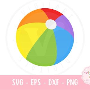 May include: A colorful beach ball illustration with segments of red, orange, yellow, green, blue, and purple. A white circle is in the center. The image includes the text "SVG - EPS - DXF - PNG" on a pink banner.