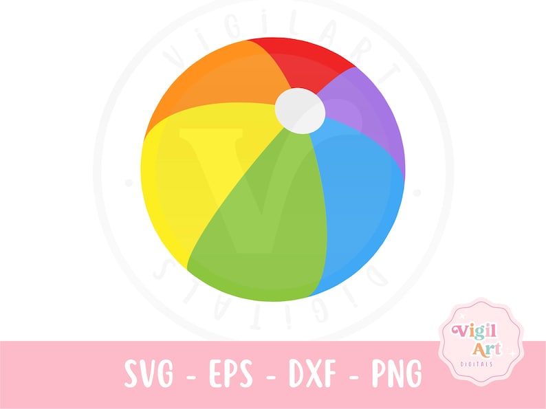 May include: A colorful beach ball illustration with segments of red, orange, yellow, green, blue, and purple. A white circle is in the center. The image includes the text "SVG - EPS - DXF - PNG" on a pink banner.