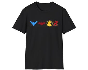 Superhero Logo Unisex Softstyle T-Shirt, Nightwing Red Hood Robin Red Robin Gift Shirt, Teen Titans Fan Apparel, Comic Book Tee, DC Comics