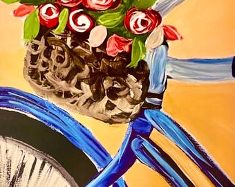 Whimsical Bicycle with Flowers Art Print – 8x10 Floral Basket Wall Decor from Original Painting