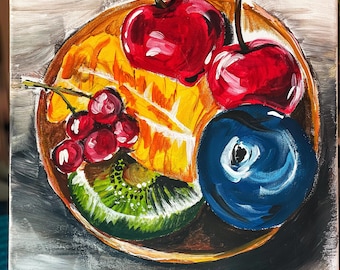 Original Bowl of Fruit Painting – 16x12 Acrylic Still Life Kitchen Wall Art