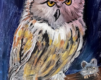 Wisdom - 9x 12 Print of Zeus the Blind Owl, Original Acrylic