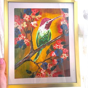 8x10 Original Mixed Media Hummingbird Painting with Frame – Vibrant Colorful Bird & Floral Wall Art – Nature Home Decor