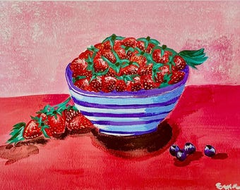 Aardbeikunstprint – 8 x 10 roze stillevenkom met aardbeien van origineel schilderij
