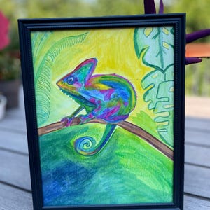 7x10 Original Mixed Media Chameleon Painting – Colorful Whimsical Lizard Wall Art