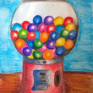 Original Gumball Machine Painting – 7x10 Mixed Media Whimsical Candy Art