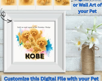 May include: A framed digital print featuring a watercolor illustration of several golden retriever puppies. The print includes the name "KOBE" and the text "Until we meet again at the Rainbow Bridge." The text "Custom Digital Print or Wall Art of your Pet" is also visible.