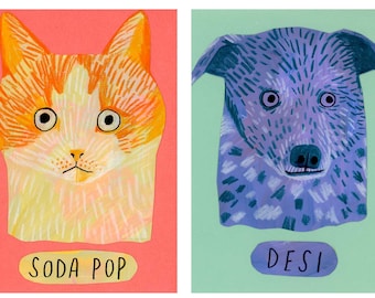 Okey-Dokey Pet Portrait, Fun and Playful Dog Portrait, 5x7 Mixed Media Custom Quirky Pet Drawing