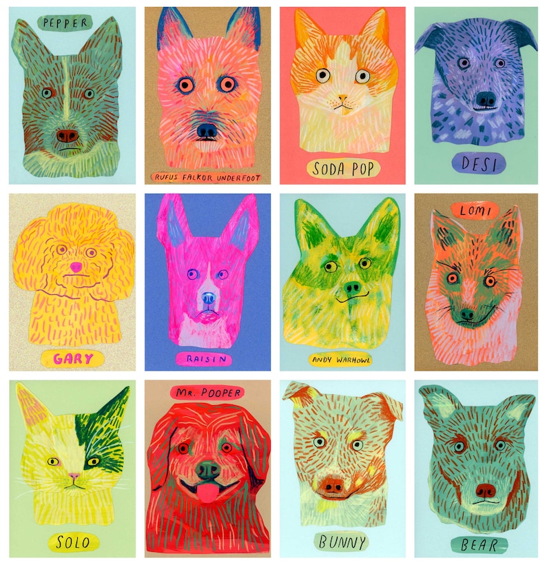 May include: A collection of twelve colorful dog and cat portraits. Each portrait features a different breed or style, with names like "Pepper," "Soda Pop," and "Bunny" displayed below. The artwork has a whimsical, illustrative style with bold colors and textures.