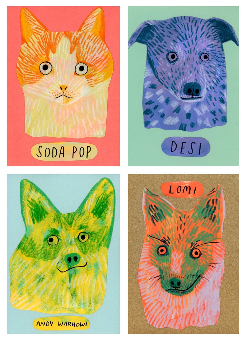 May include: Four colorful animal portraits. A cat with "Soda Pop" text, a dog with "Desi" text, a dog with "Andy Warhol" text, and a fox with "Lomi" text. Each animal is painted with bold colors and simple lines.