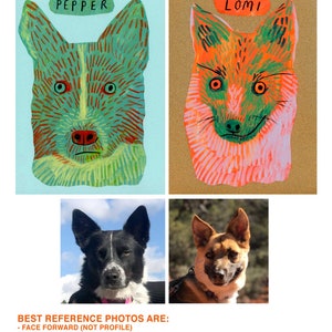 May include: Four images: two colorful dog portraits labeled "PEPPER" and "LOMI", and two photographs of dogs. The portraits are stylized with bright colors and patterns. The photographs are of dogs with black and white and brown and tan fur. Text at the bottom reads "BEST REFERENCE PHOTOS ARE: - FACE FORWARD (NOT PROFILE) - WELL LIT - UNIQUE QUALITIES ON DISPLAY (WEIRD SMILES, COOL SPOTS, EAR BENDS, ETC)"