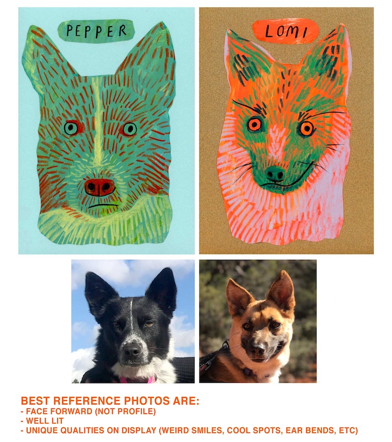 May include: Four images: two colorful dog portraits labeled "PEPPER" and "LOMI", and two photographs of dogs. The portraits are stylized with bright colors and patterns. The photographs are of dogs with black and white and brown and tan fur. Text at the bottom reads "BEST REFERENCE PHOTOS ARE: - FACE FORWARD (NOT PROFILE) - WELL LIT - UNIQUE QUALITIES ON DISPLAY (WEIRD SMILES, COOL SPOTS, EAR BENDS, ETC)"