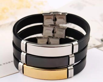 Pulseira de identificação masculina personalizada, pulseira de silicone preta com gravação, presente para o Dia dos Pais