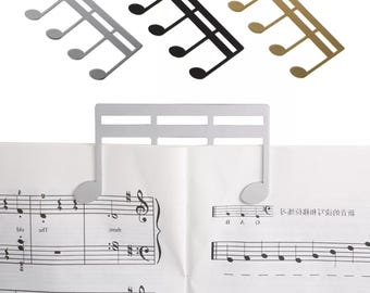 Porta-notas musicais | Clipe para partituras | Marcador de páginas personalizado | Preto, dourado e prateado | Presente para músicos