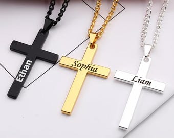Colar com pingente de cruz personalizado – Pingente de aço inoxidável com nome ou logotipo gravado à mão