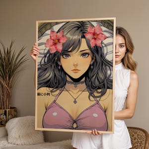 Anime Girl Illustration, Elegant Woman with Flower in Hair, Digital Art in Japanese Style, Anime Girl, Drawing, Digital Download