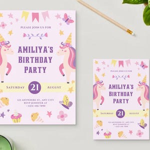 Unicorn Birthday Party Invitation for Girls - Editable Template
