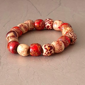 2x Multi-Coloured Patterned Wooden Bead Bracelet 6.5 - 7 inches (Medium - Large)